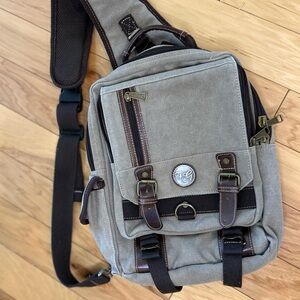 F & G Casual Gray/Tan Canvas Sling Laptop Concealed Carry Backpack